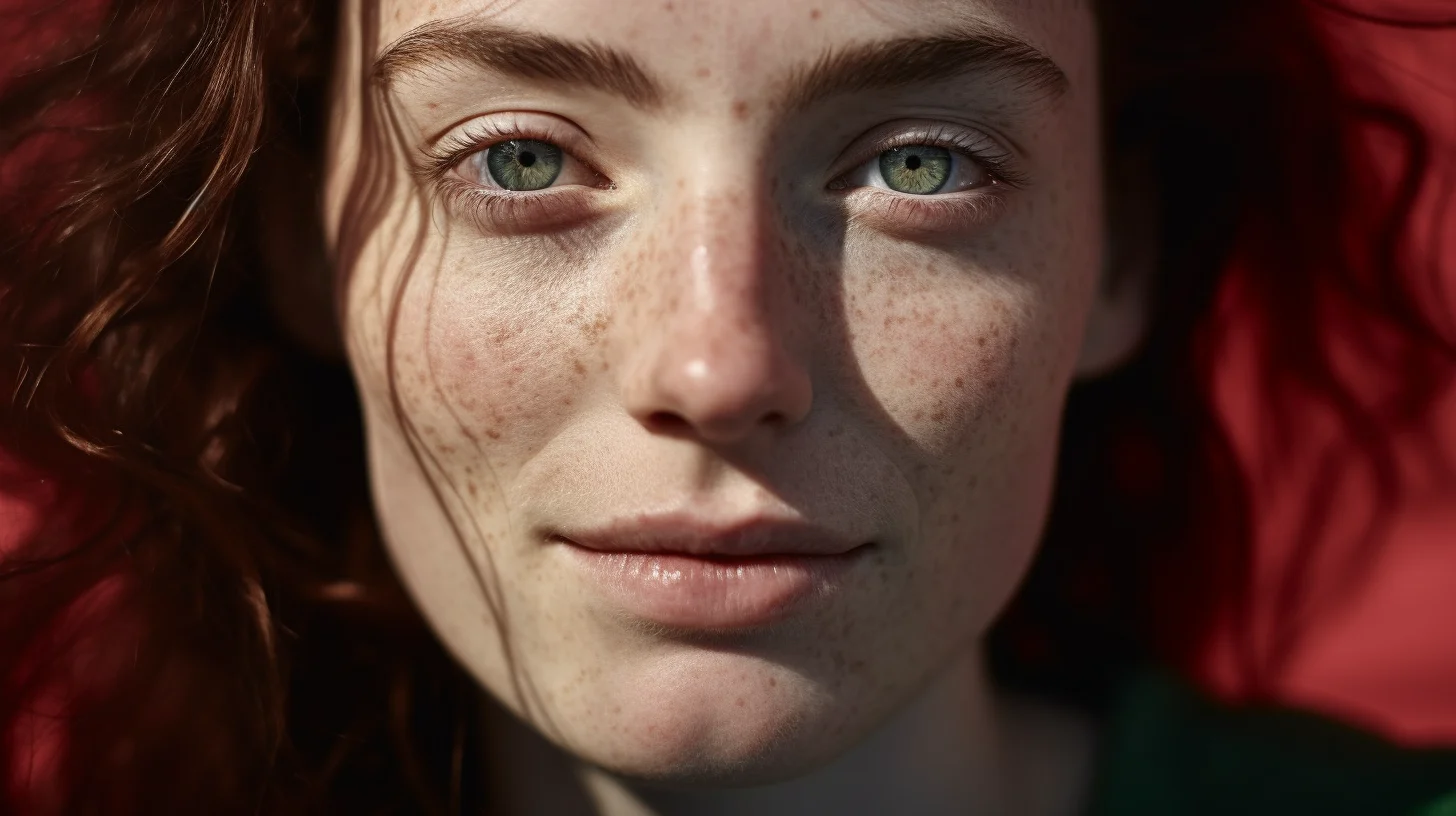 Nahaufnahme einer Person mit Sommersprossen, grünen Augen und roten Haaren, deutliches Licht- und Schattenppiel. 